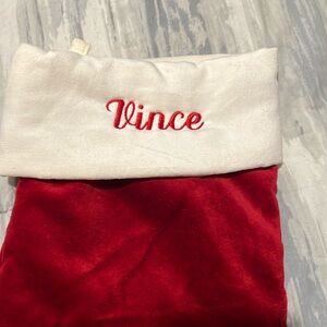 Red/White Pottery Barn Velvet Stocking
Embroidered “Vince”